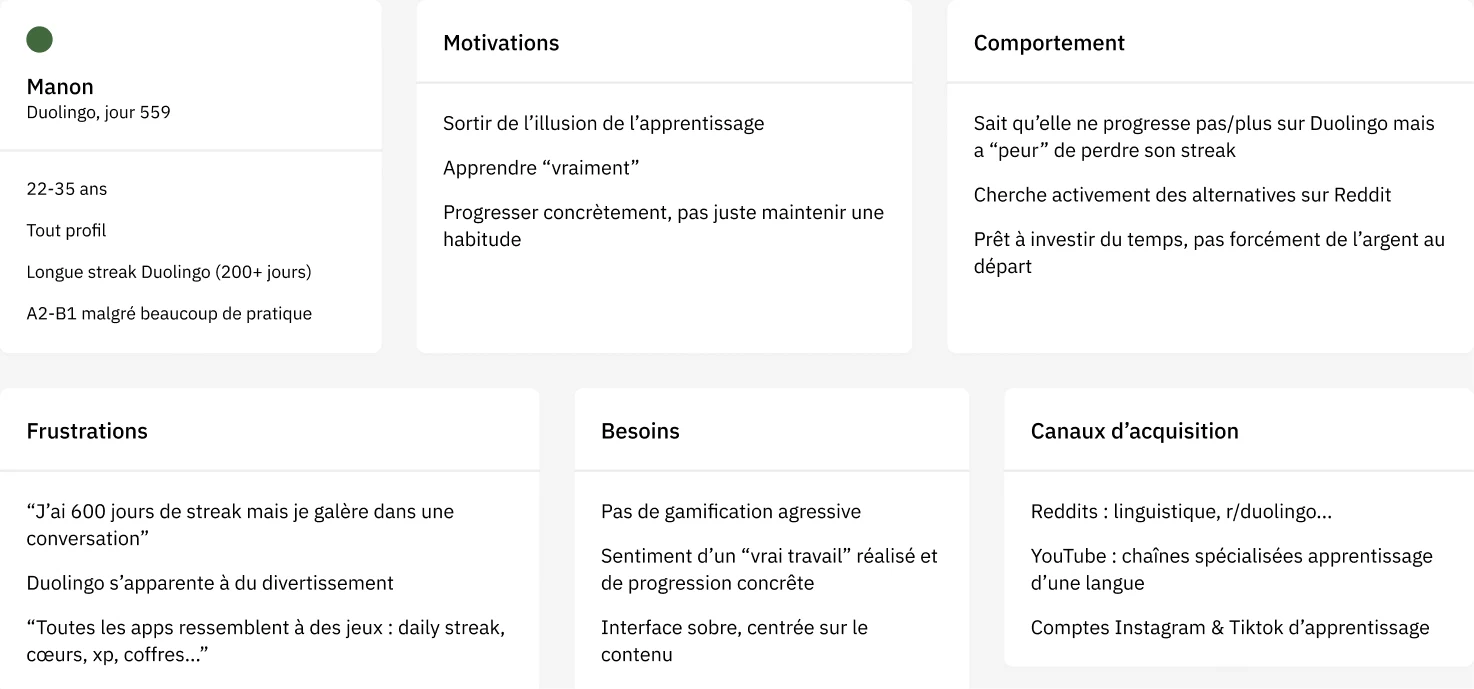 Manon, utilisatrice régulière de Duolingo : rechercher des progrès concrets sans gamification envahissante.
