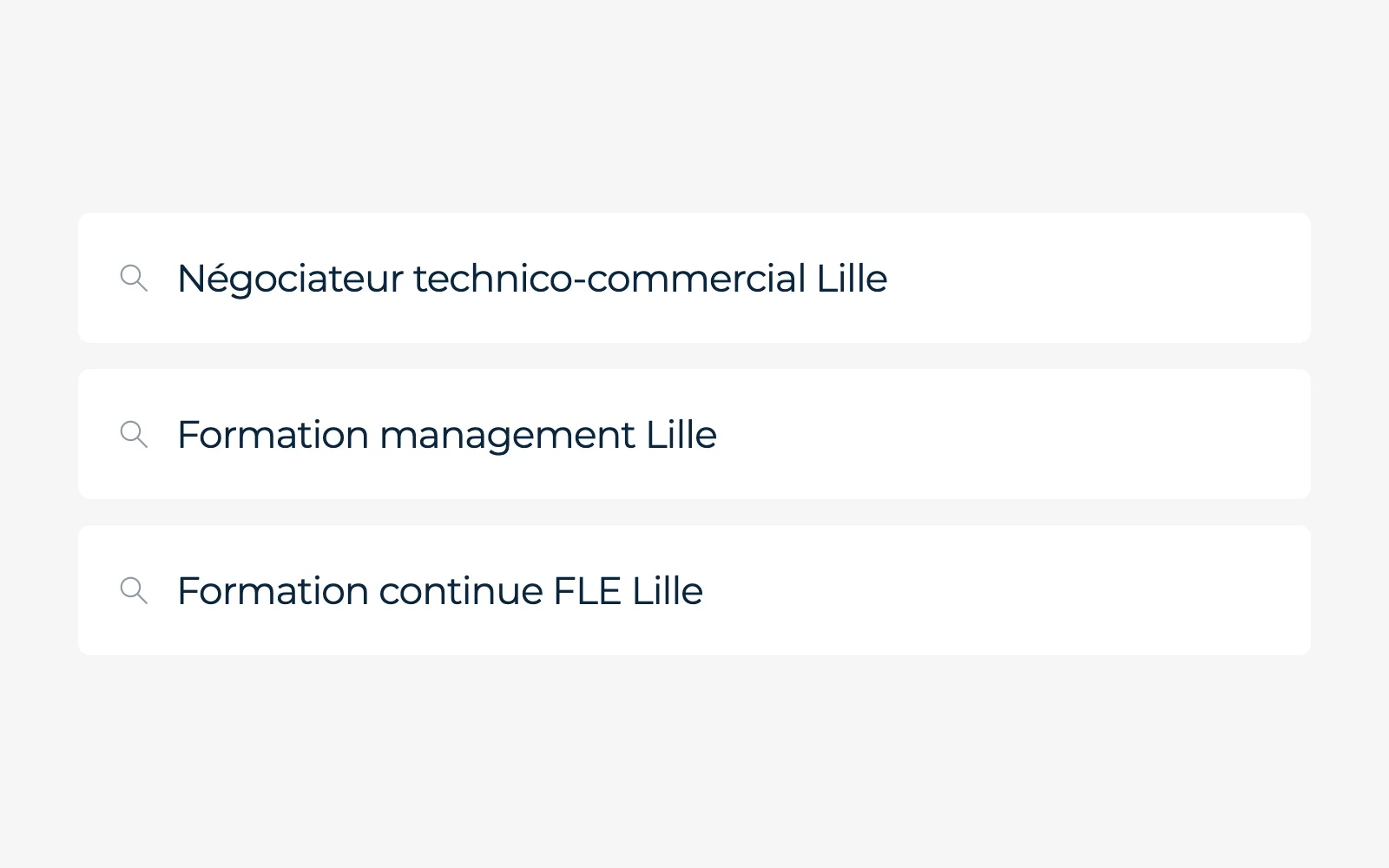 Trois recherches locales fictives : négociateur technico-commercial, management et formation continue FLE à Lille.