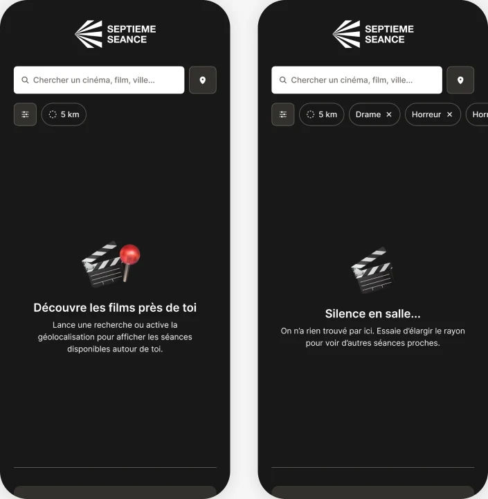 État avant recherche et état sans résultat, avec invitation à utiliser la géolocalisation ou élargir le rayon.